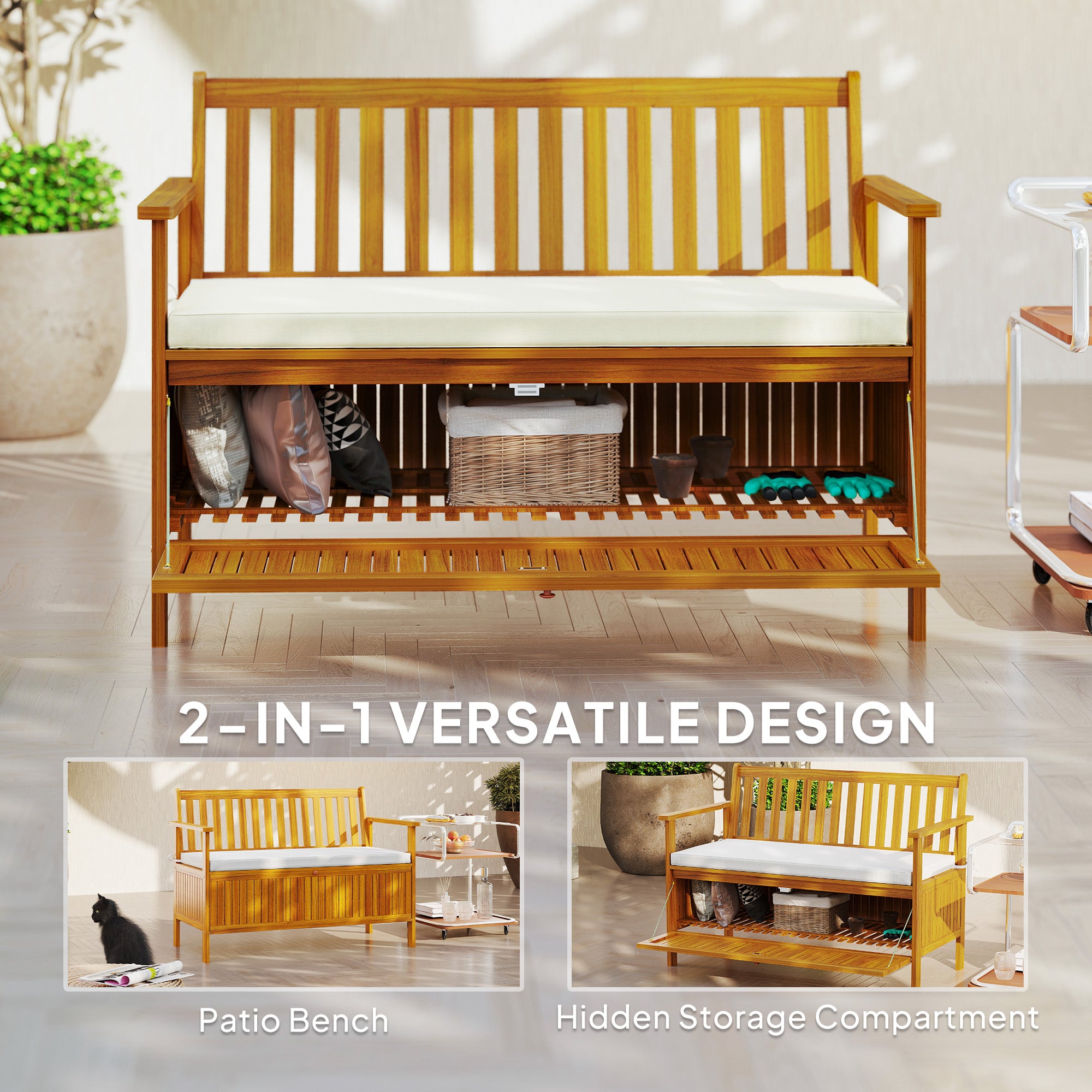 Outdoor Bench with Storage Compartment, Acacia Wood Patio Bench with Cushion, 2 Seater Garden Bench, Teak