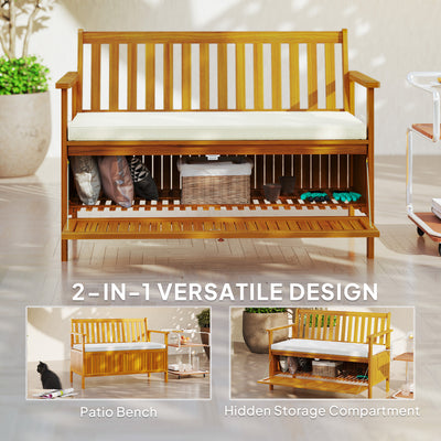 Outdoor Bench with Storage Compartment, Acacia Wood Patio Bench with Cushion, 2 Seater Garden Bench, Teak