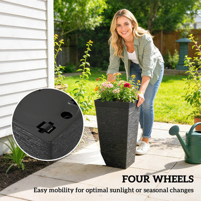 22.8 Inch Set of 3 Outdoor Planters with Stone Finish and Wheels, Stackable Tapered Planters with Drainage Hole