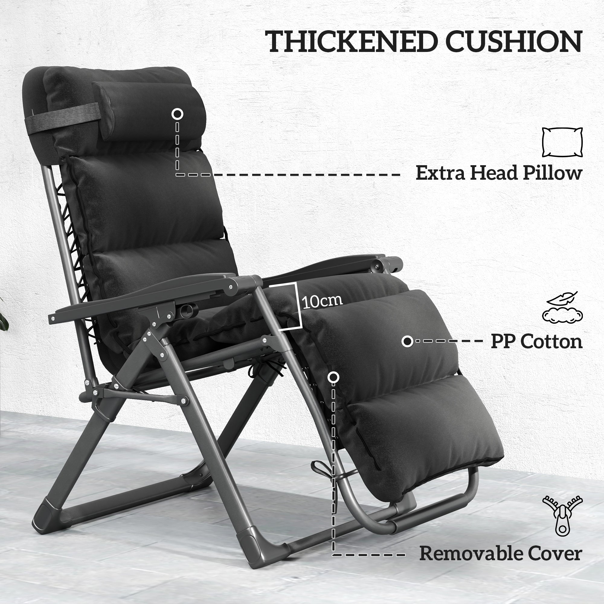 Zero Gravity Lounge Chair Set, 2 Pieces Reclining Folding Outdoor Lounge Chairs with Cushion, Headrest, Side Tray, Black