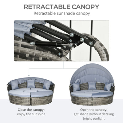 4 Piece Round Rattan Daybed, Convertible Patio Furniture Set, Adjustable Sun Canopy, Sectional Outdoor Sofa, 2 Chairs, Extending Tea Table Ottoman Chair, 3 Pillows, Light Gray