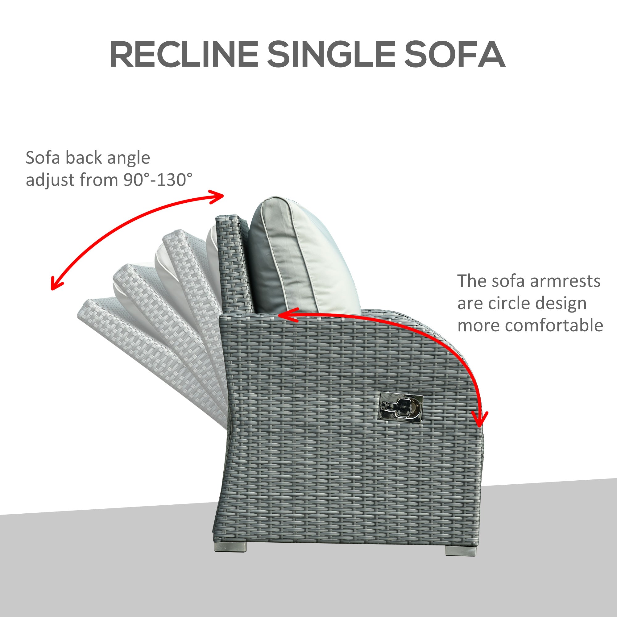 6-PCs Patio Furniture Sets Outdoor Wicker Sofa Set Rattan Angle Adjustable Recline Single Chair Conversation Set, Ottomans, w/ Polyester Tea Table Gas Spring  & Soft Washable Cushions, Grey