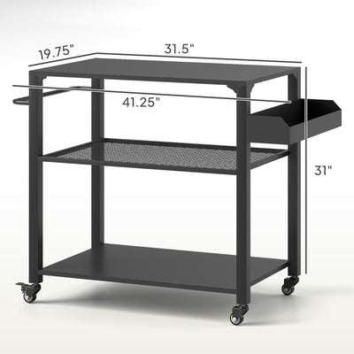 3-Tier Outdoor Grill Cart with Storage Racks, Side Handle, Movable Pizza Oven Table on Wheels