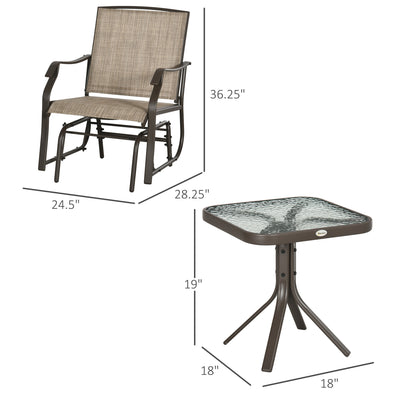 3 Piece Outdoor Glider Chair with Coffee Table Bistro Set, 2 Patio Rocking Swing Chairs with Breathable Sling Fabric, Glass Tabletop, for Backyard, Garden and Porch