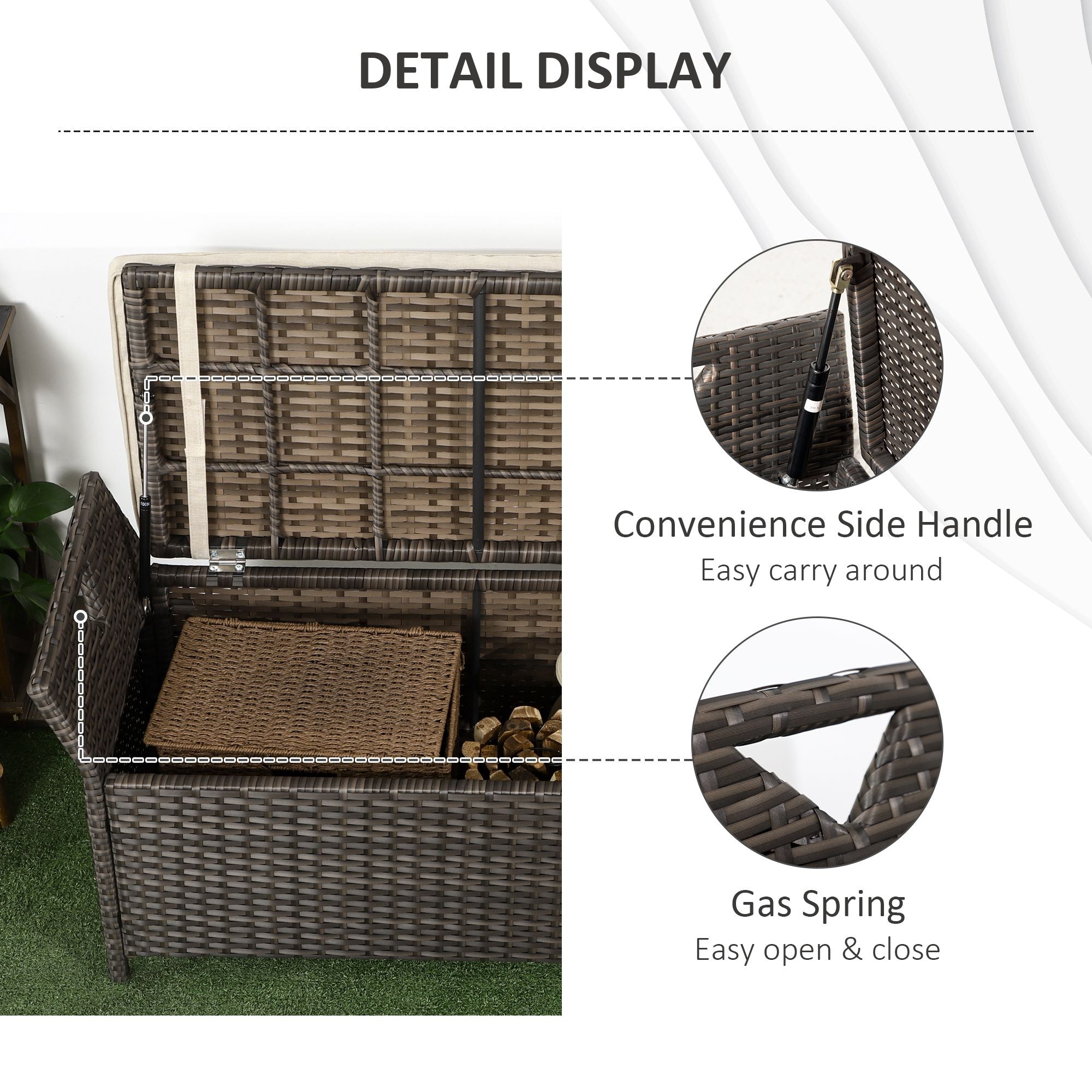 29 Gallon Patio Wicker Storage Bench, Outdoor PE Rattan Furniture, 2-In-1 Large Capacity Rectangle Garden Storage Box with Handles and Cushion
