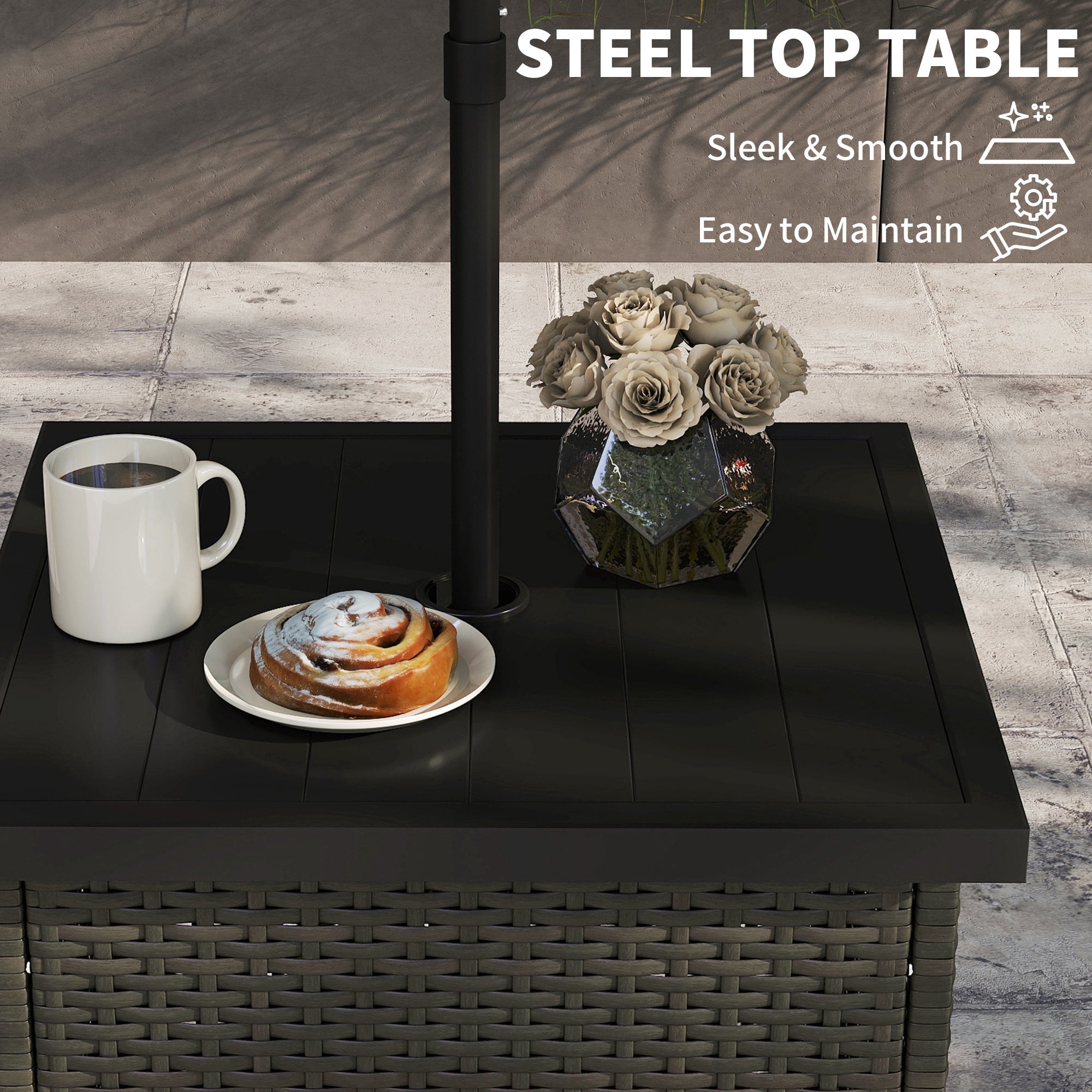 Wicker Side Table with 1.5" Umbrella Hole, Square Outdoor End Table with UV-Resistant Frame, Storage Space