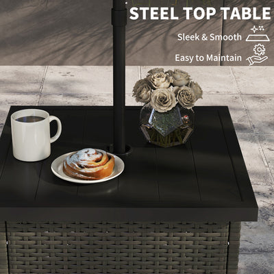 Wicker Side Table with 1.5" Umbrella Hole, Square Outdoor End Table with UV-Resistant Frame, Storage Space
