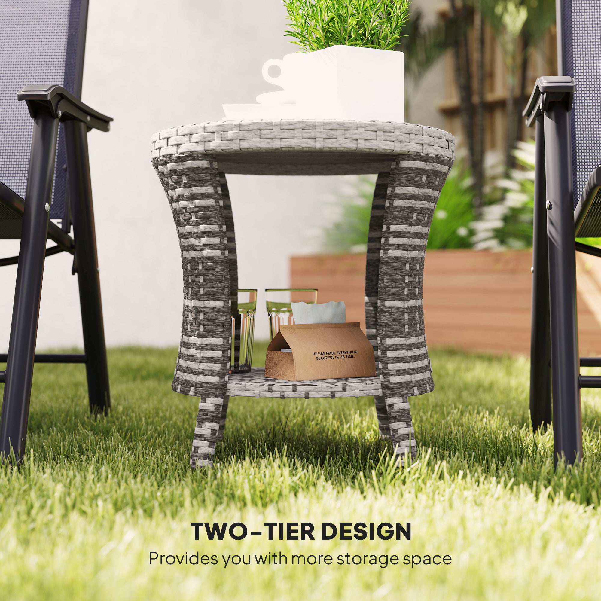 18" Wicker Outdoor Coffee Table, PE Rattan Patio Side Table with 2-Tier Storage, Composite Wood Top