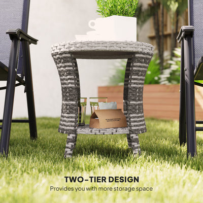 18" Wicker Outdoor Coffee Table, PE Rattan Patio Side Table with 2-Tier Storage, Composite Wood Top