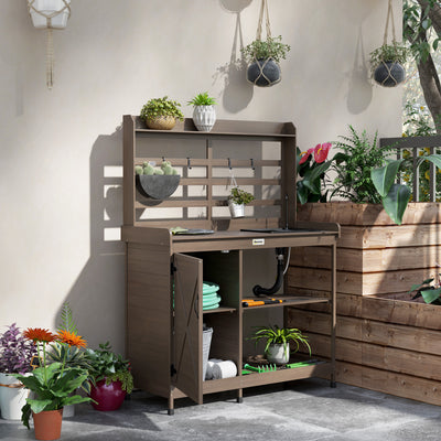 Wooden Potting Bench with Storage, Sink, Water Tap for Backyard, Patio, Balcony