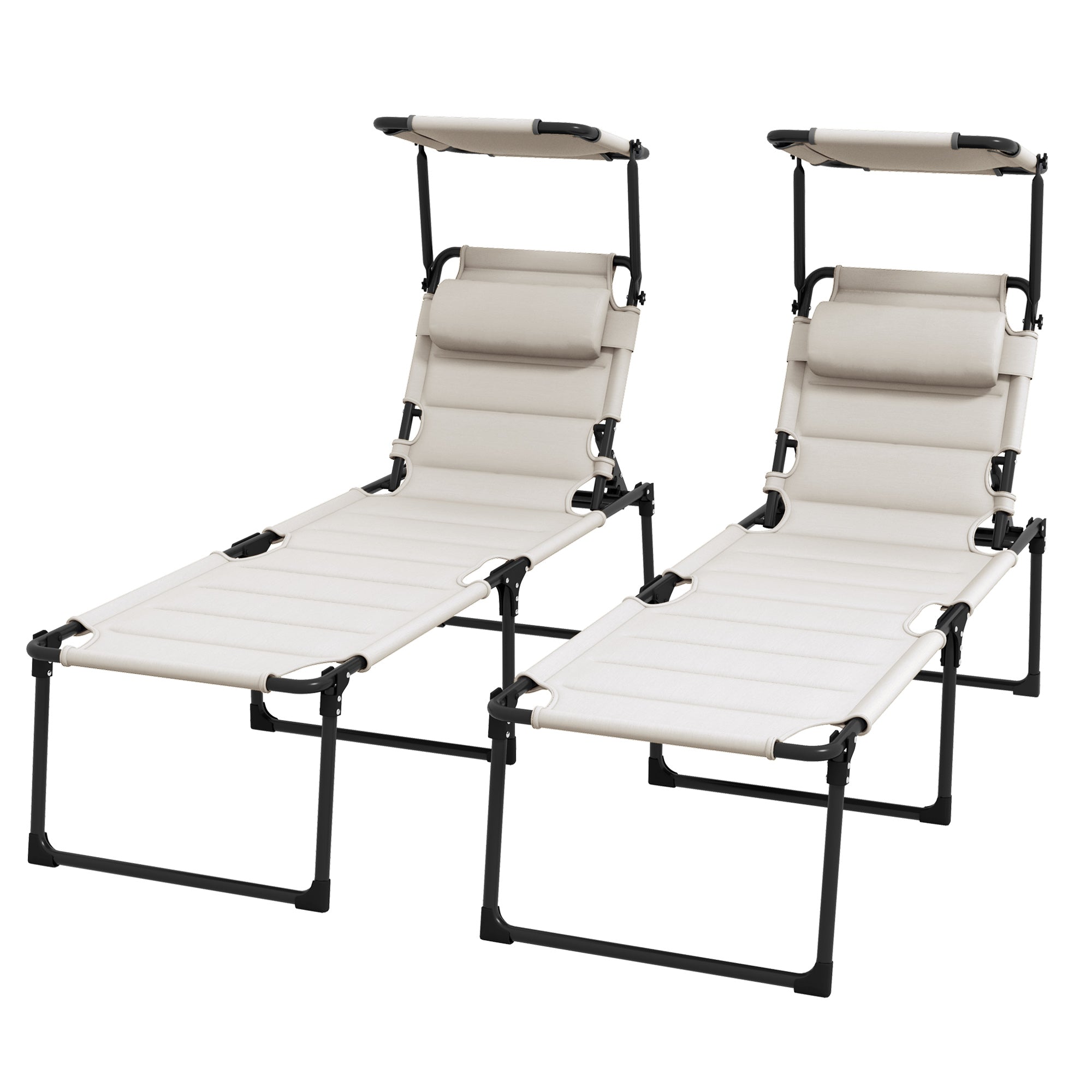 2 Pcs Outdoor Lounge Chair, 4 Position Adjustable Backrest, Folding, Cushioned w/ Sun Shade Roof & Pillow