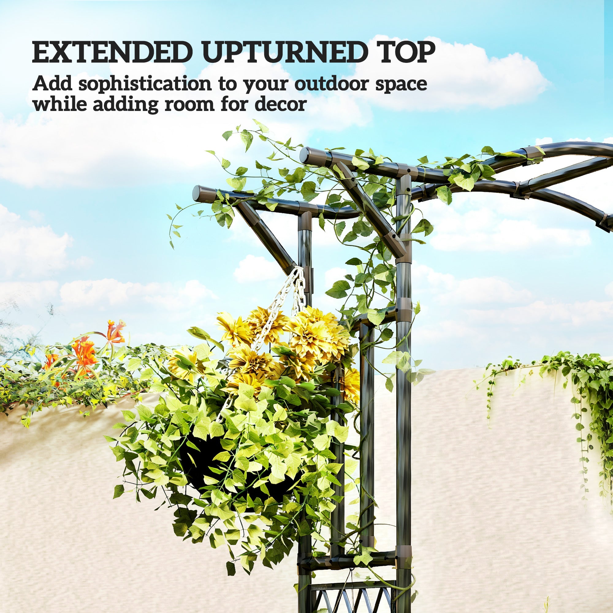 Garden Arch, PE-Coated Steel Garden Arch Trellis with Extended Top, Black