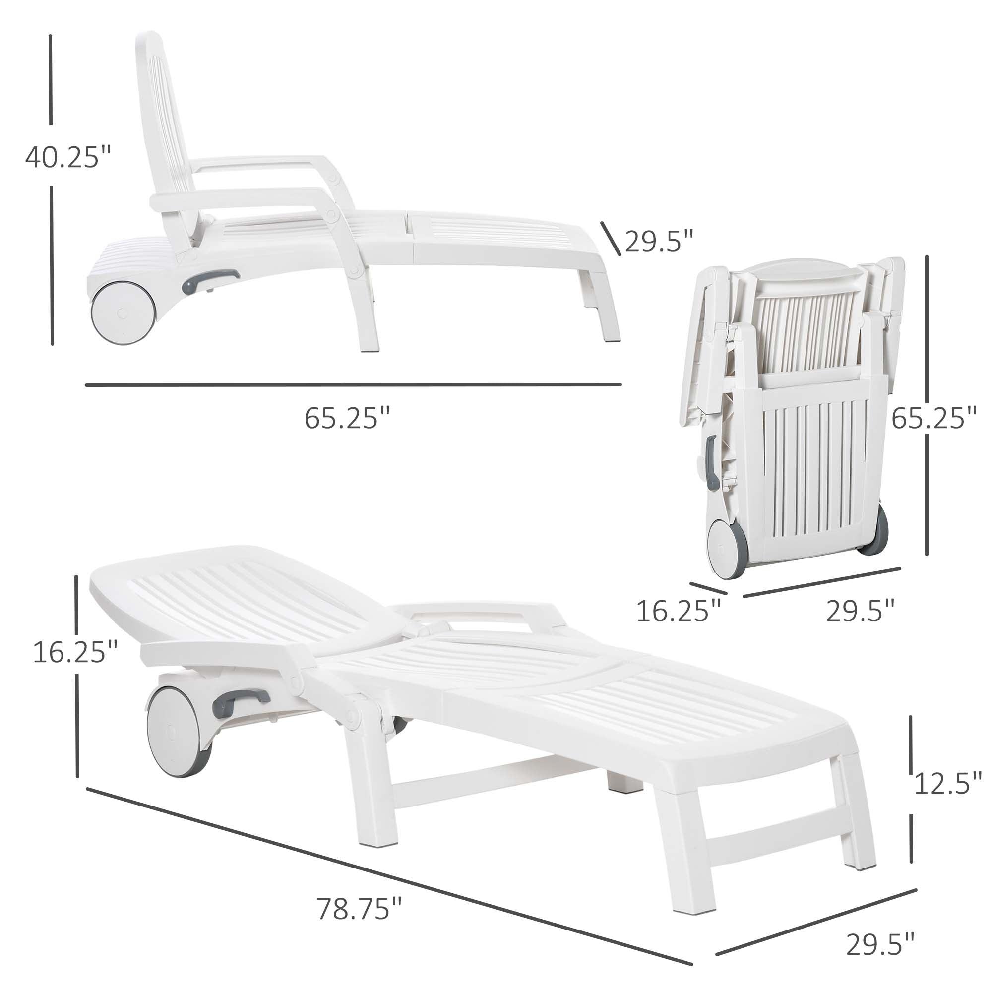 Outdoor Chaise Lounge Chair on Wheels with Storage Box, Waterproof Lounger with Quick Assembly, Folding Design, 5 Level Adjustable Backrest for Pool, Beach, Patio, Garden, White