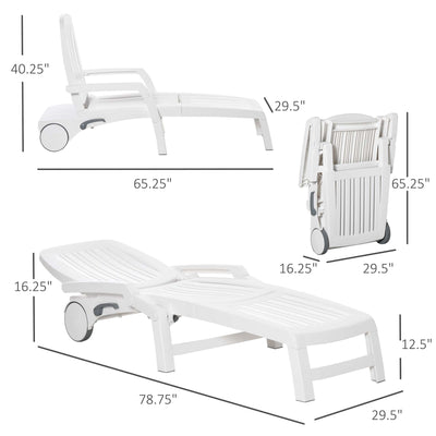 Outdoor Chaise Lounge Chair on Wheels with Storage Box, Waterproof Lounger with Quick Assembly, Folding Design, 5 Level Adjustable Backrest for Pool, Beach, Patio, Garden, White