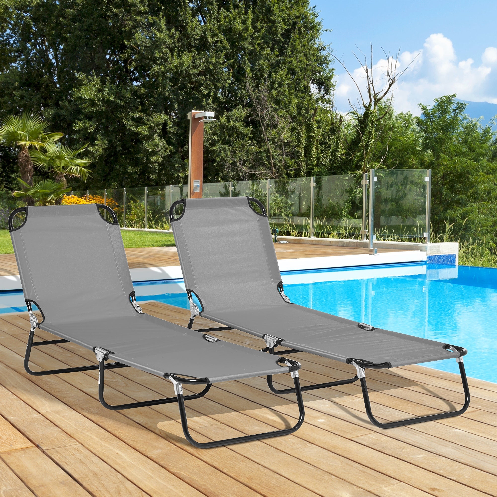 2 Piece Folding Chaise Lounge Pool Chairs, Outdoor Sun Tanning Chairs with 5-Level Reclining Back, Steel Frame for Beach, Yard, Patio