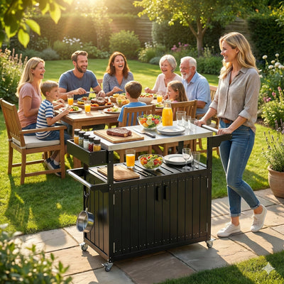 Outdoor Bar Cart with Storage, Stainless Steel Outdoor Bar Table Top, Wheeled HDPE Kitchen Island for Food Prep