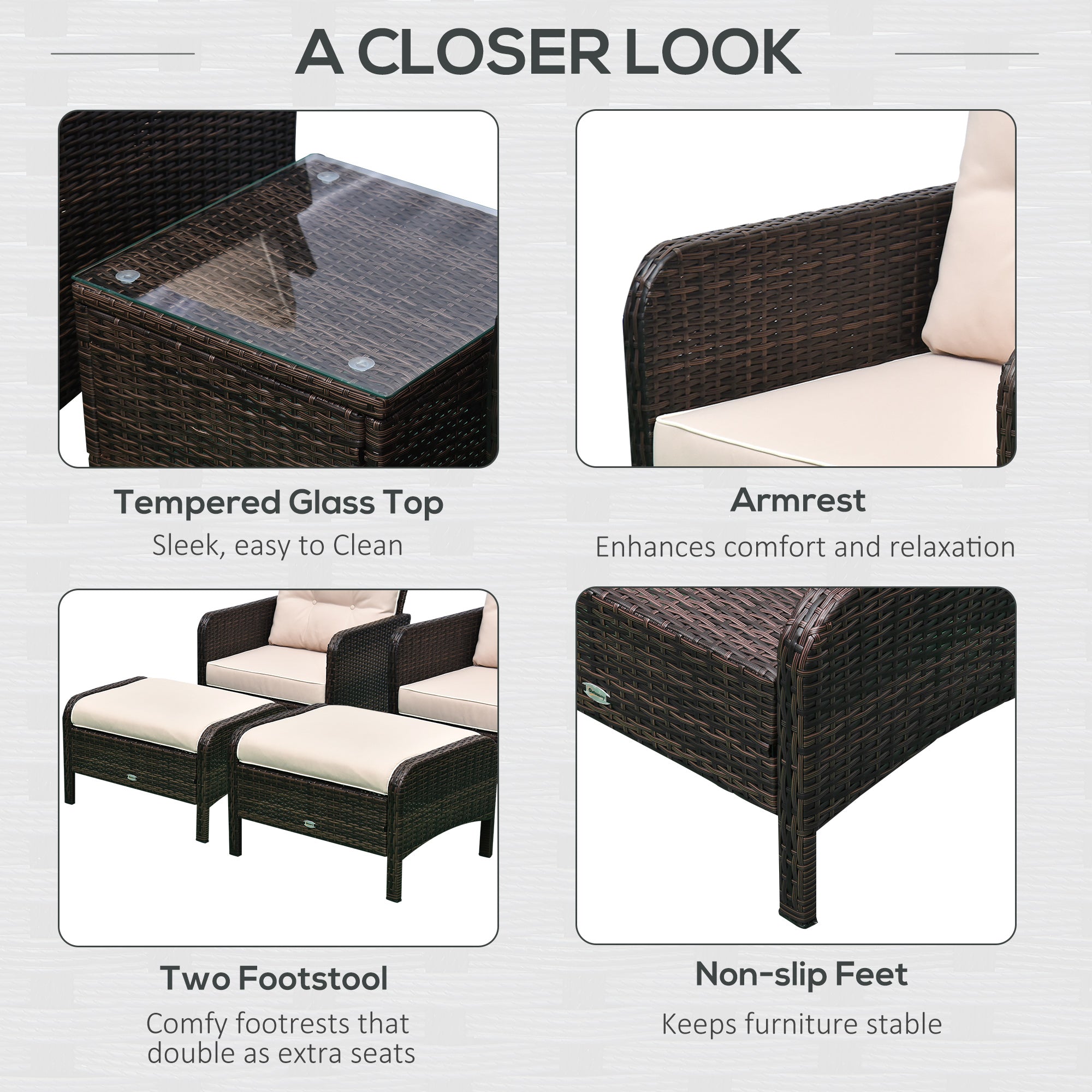 5 Pieces Rattan Wicker Lounge Chair Outdoor Patio Conversation Set with 2 Cushioned Chairs, 2 Ottomans and Tempered Glass Top Coffee Table