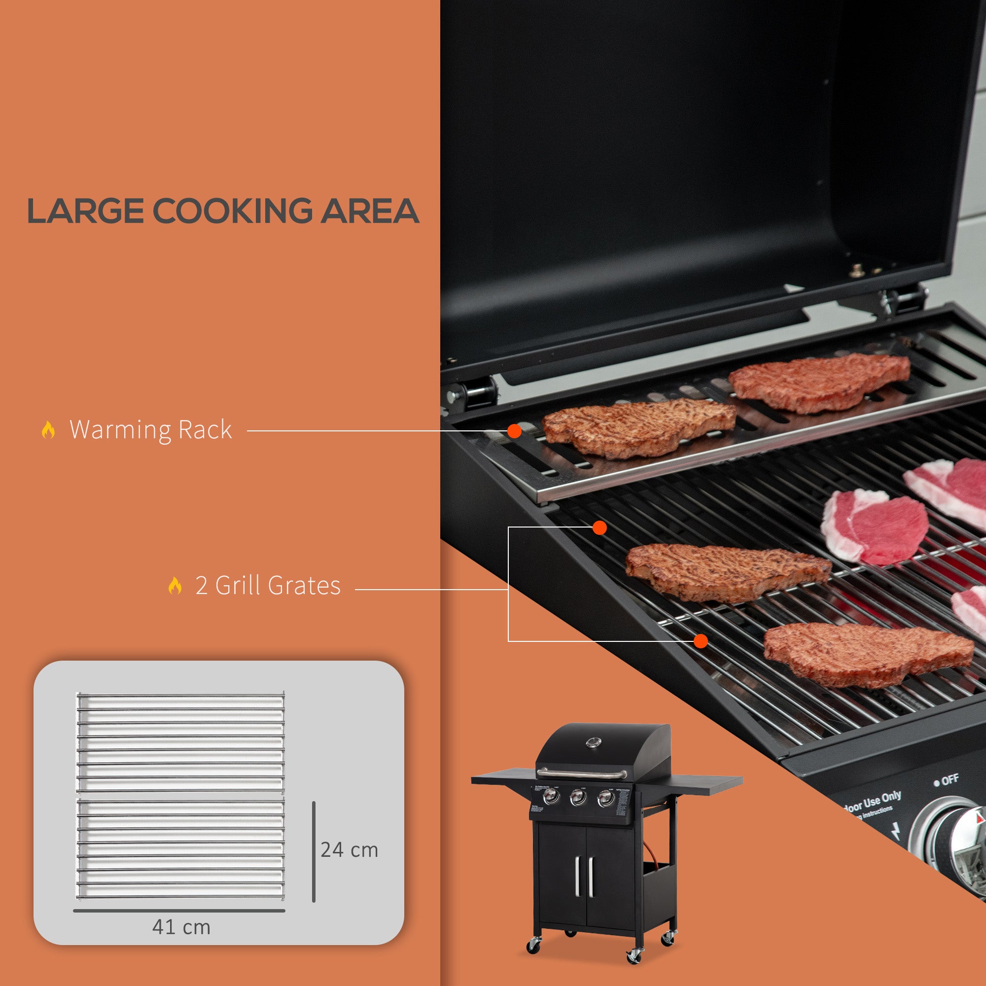 Outdoor 3 Burner Gas Grill Portable Barbecue w/ Wheels, Warming Rack, Shelves, Cabinet, Thermometer, Black
