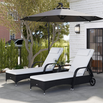 Wicker Outdoor Chaise Lounge Chair Set of 3 with Side Table, 5-Level Adjustable Backrest PE Rattan Pool Lounge Chair with Wheels, Cushion & Headrest, Black and Cream White