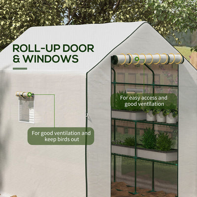 4.6' x 4.7' Portable Greenhouse, Water/UV Resistant Walk-In Small Outdoor Green House with 2 Tier U-Shaped Flower Rack Shelves, Roll Up Door & Windows