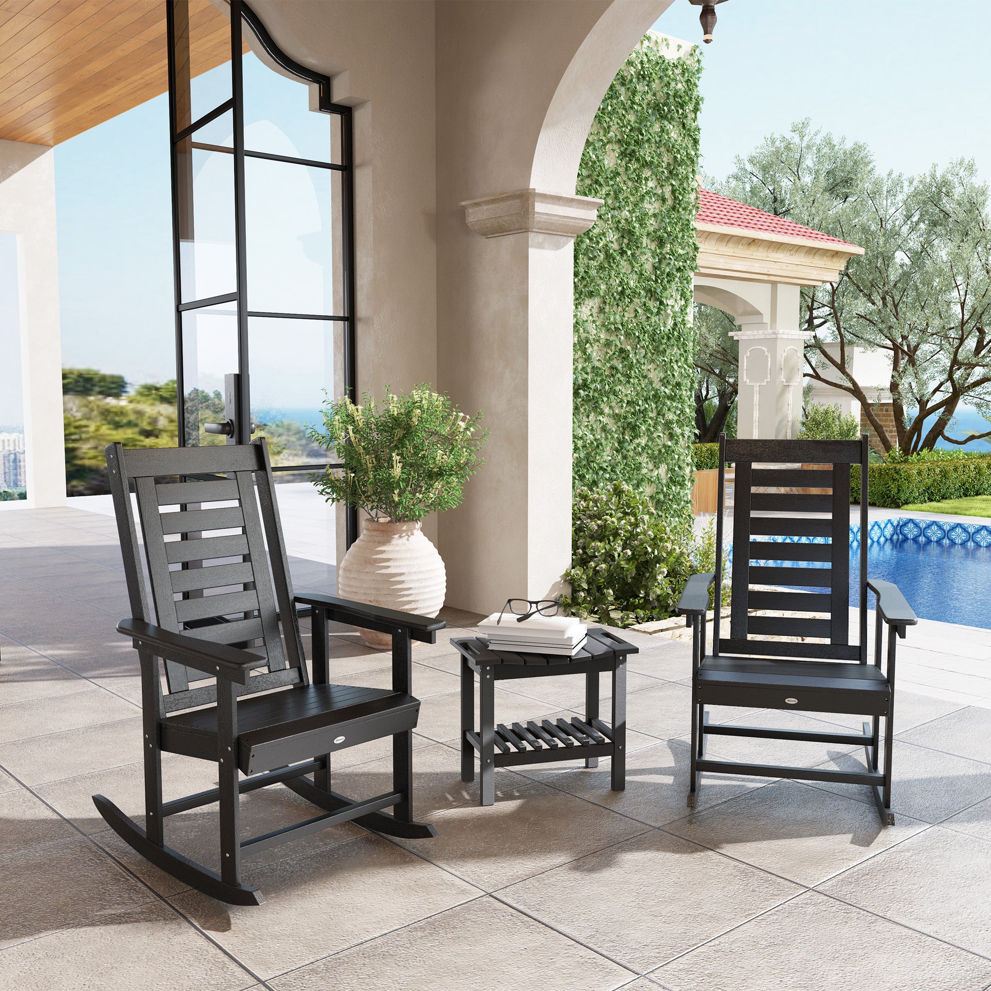 2 Pieces Outdoor Rocking Chairs, HDPE Patio Rockers with 28" High Back, Wide Armrests for Porch Backyard