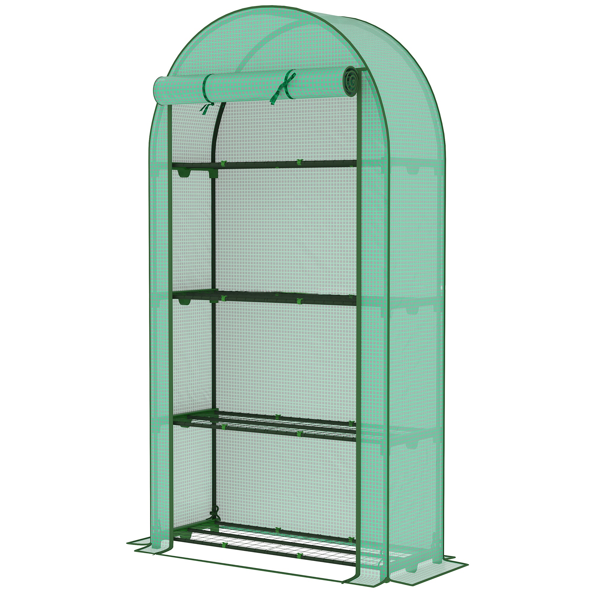 Mini Greenhouse, Portable Greenhouse with 4 Tier Shelves, Roll-Up Door, and Plastic Cover, 41.3" x 17.7" x 63", Green