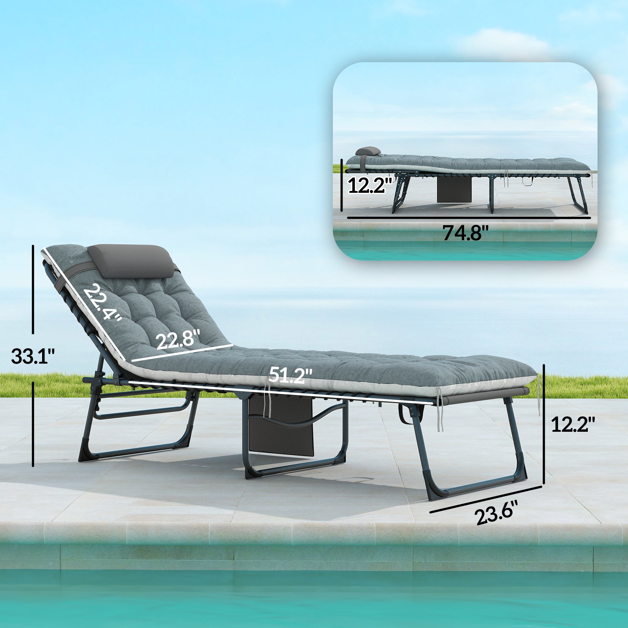 Outdoor Chaise Lounge Chair Set of 2, 5-Level Adjustable Folding Pool Lounge Chairs with Cushions