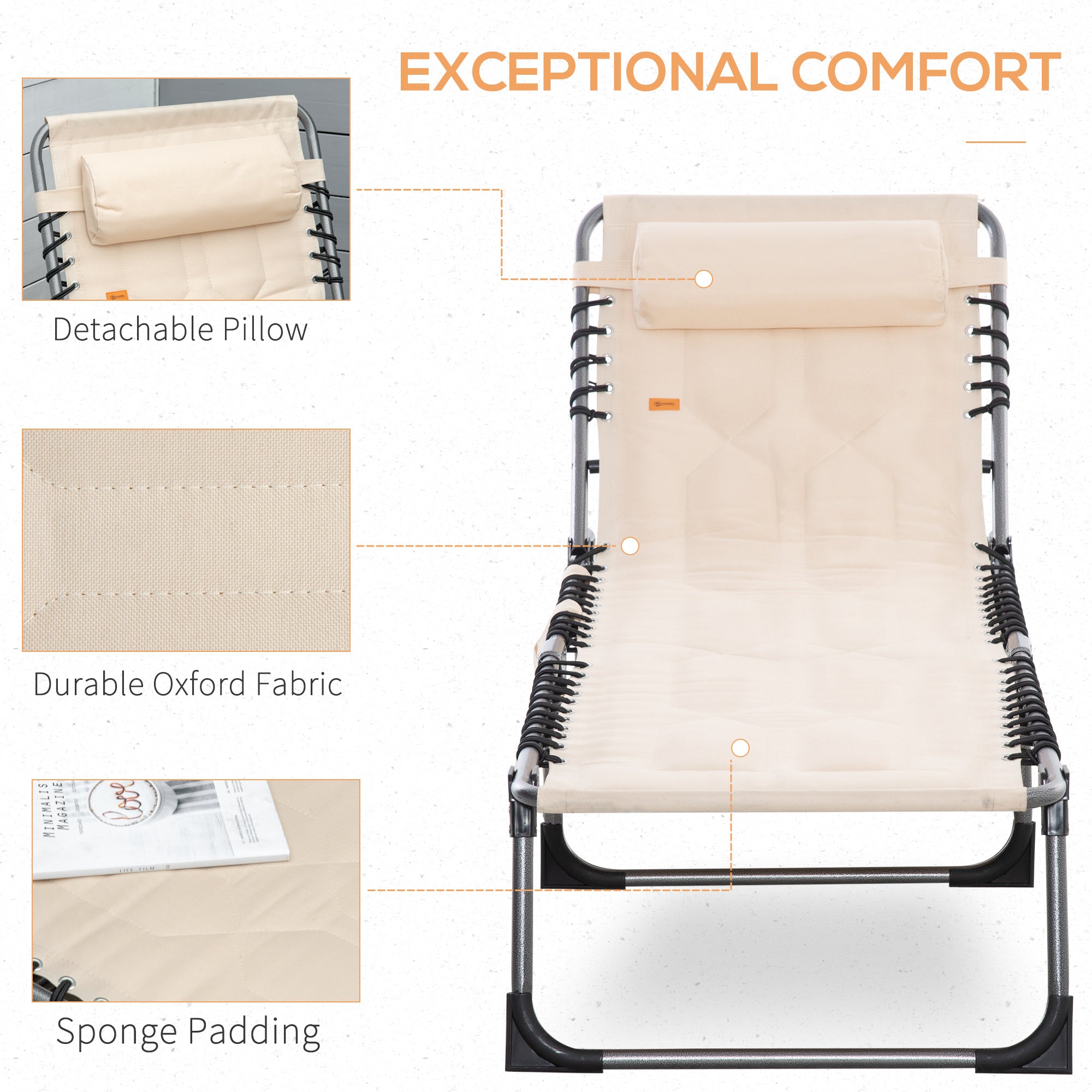 Padded Folding Chaise Lounge Chair, Outdoor 6-Level Reclining Camping Tanning Chair with Headrest for Beach, Yard, Patio, Pool
