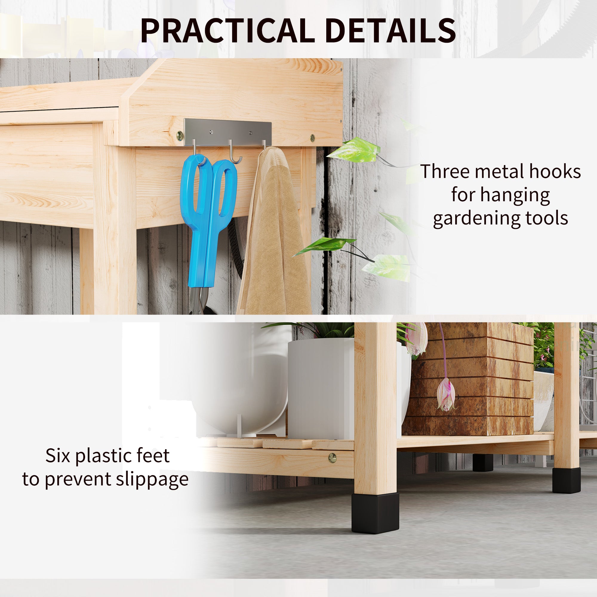 Potting Bench Table, Outdoor Garden Table Wooden Work Station with Removable Sink, Faucet, Drawer, Shelves, Hooks