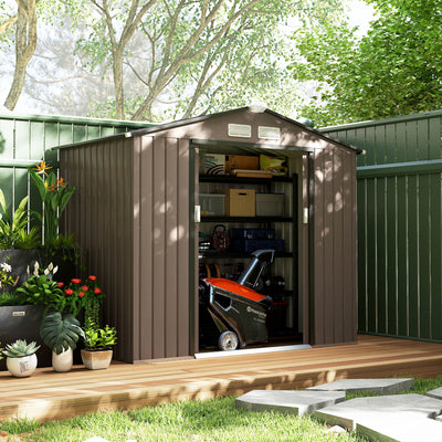 7x4 Storage Shed, Outdoor Garden Tool Shed with Foundation Kit, Vents & Sliding Doors for Backyard Patio, Brown