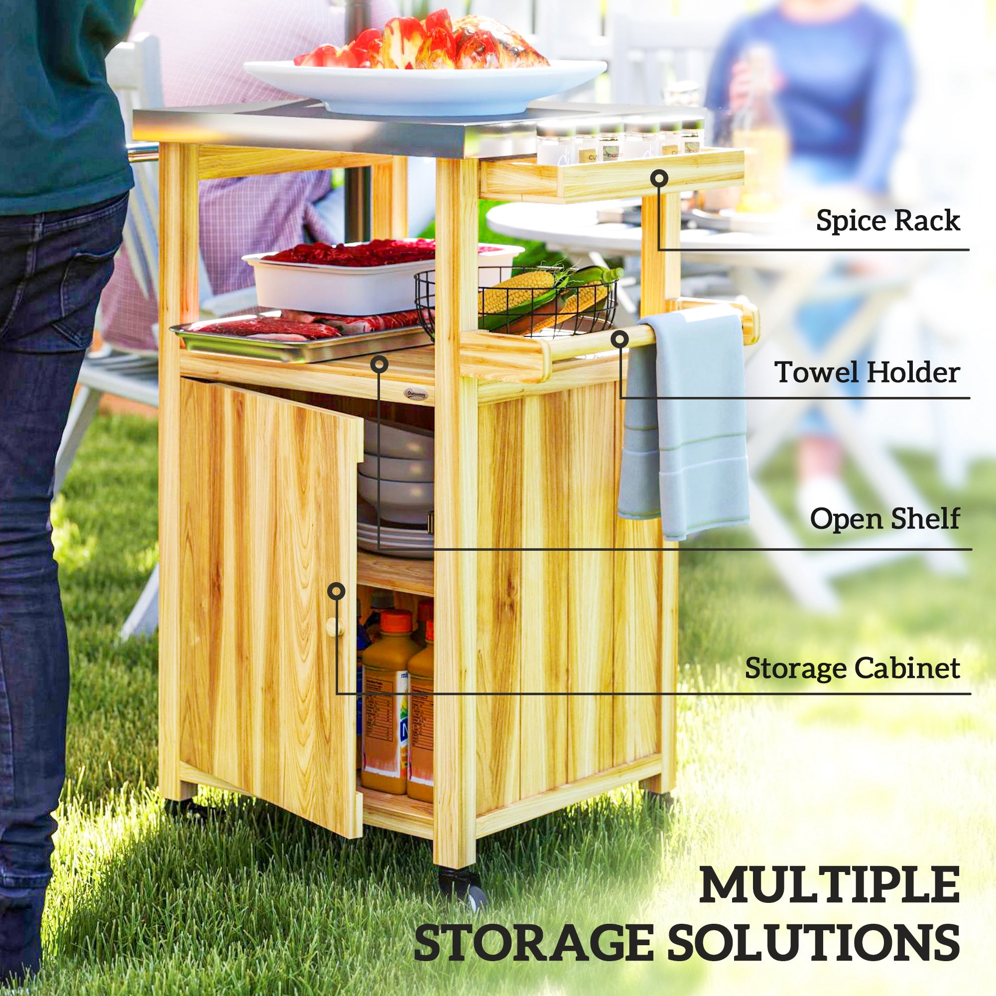 Outdoor Grill Cart w/ Stainless Steel Top, Solid Wood Outdoor Kitchen Island w/ Wheels, Integrated Hole