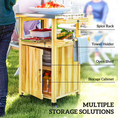 Outdoor Grill Cart w/ Stainless Steel Top, Solid Wood Outdoor Kitchen Island w/ Wheels, Integrated Hole