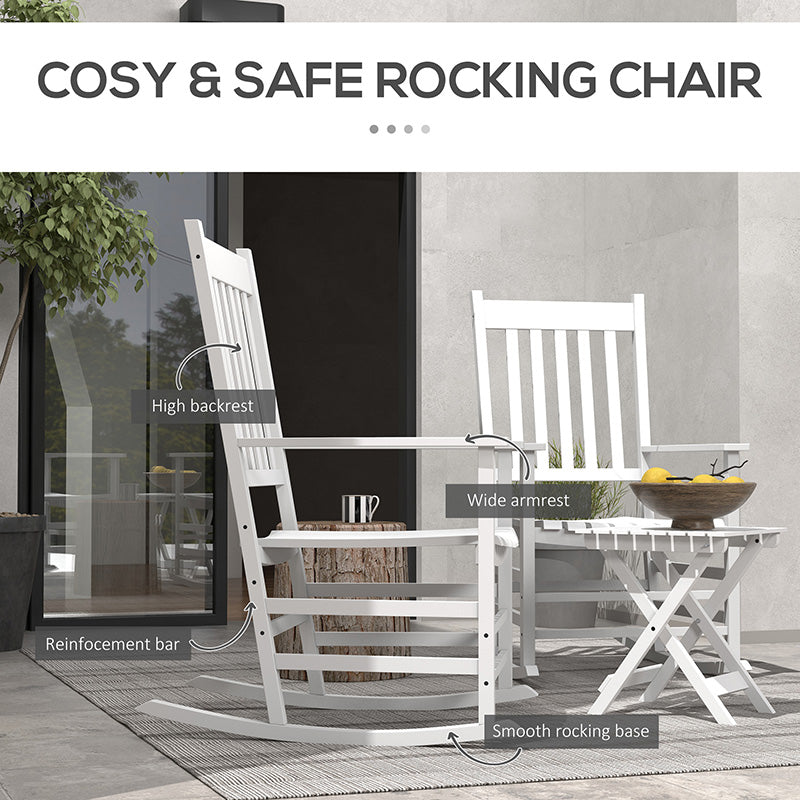 Outdoor Rocking Chair Set of 2 with Side Table, Patio Wooden Rocking Chair with Smooth Armrests, High Back for Garden, Balcony, Porch, Supports Up to 352 lbs.