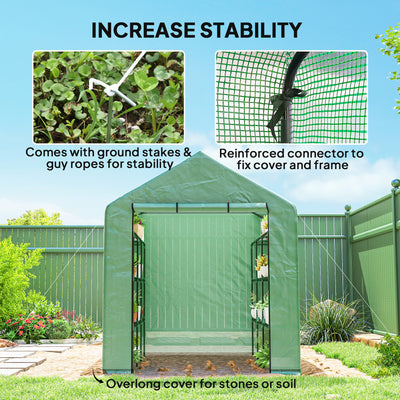 Outdoor Walk-in Greenhouse with Roll-up Zipper Door, 18 Shelves, PE Cover, 95.25" x 70.75" x 82.75", Green