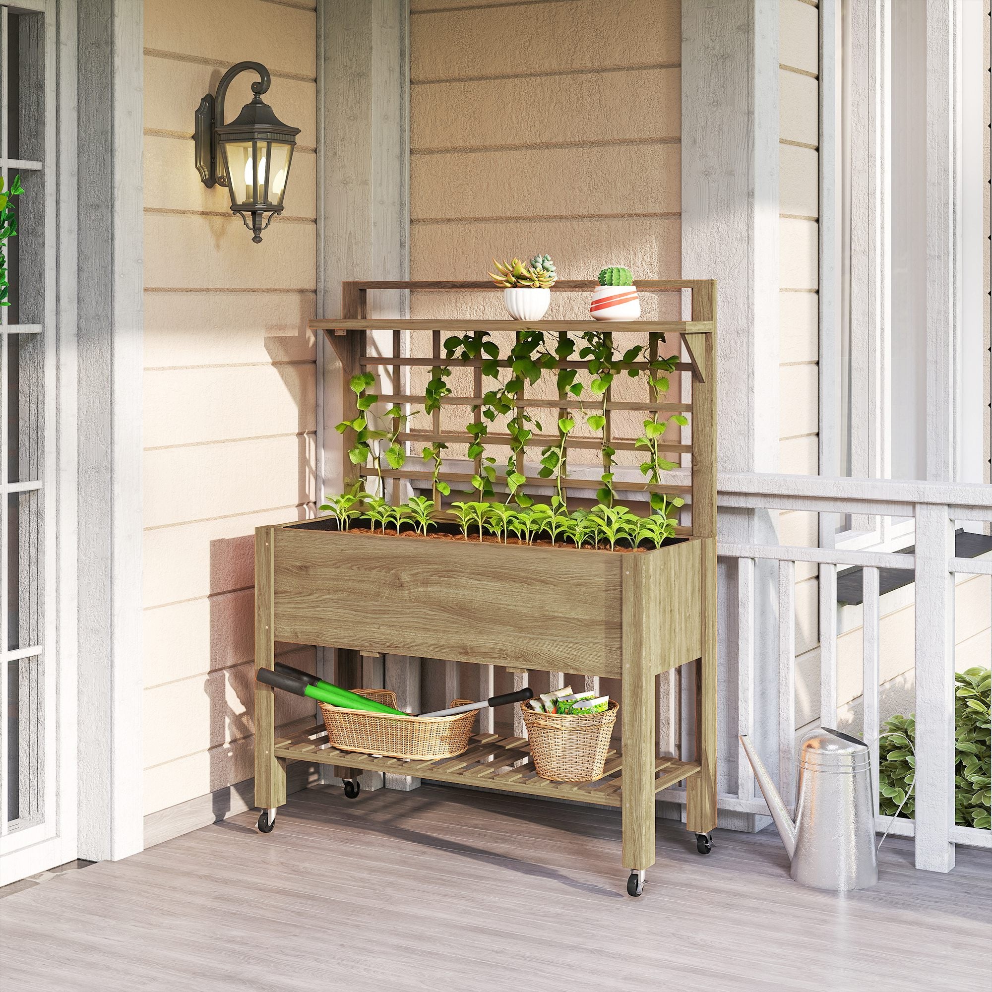 41" Raised Garden Bed Mobile Elevated Wooden Planter Box Stand with Wheels, Trellis and Storage Shelf