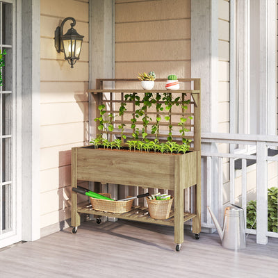 41" Raised Garden Bed Mobile Elevated Wooden Planter Box Stand with Wheels, Trellis and Storage Shelf