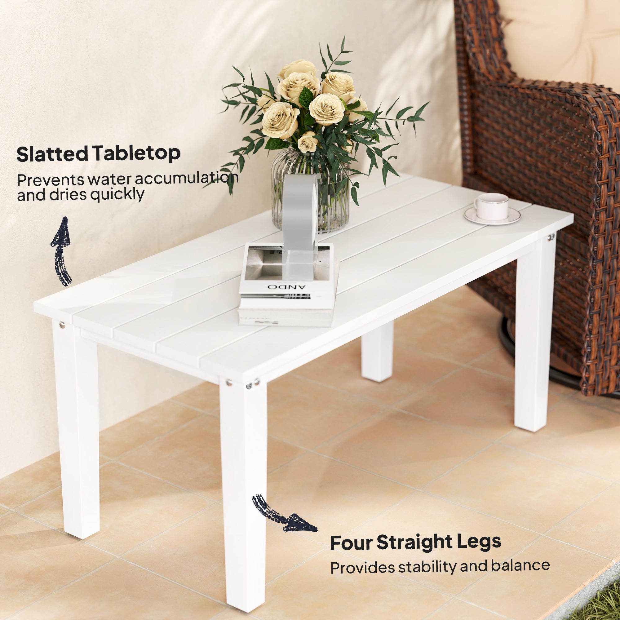 Rectangle Outdoor Coffee Table, HDPE All-Weather Outdoor Patio Table with Slatted Tabletop for Yard, Balcony