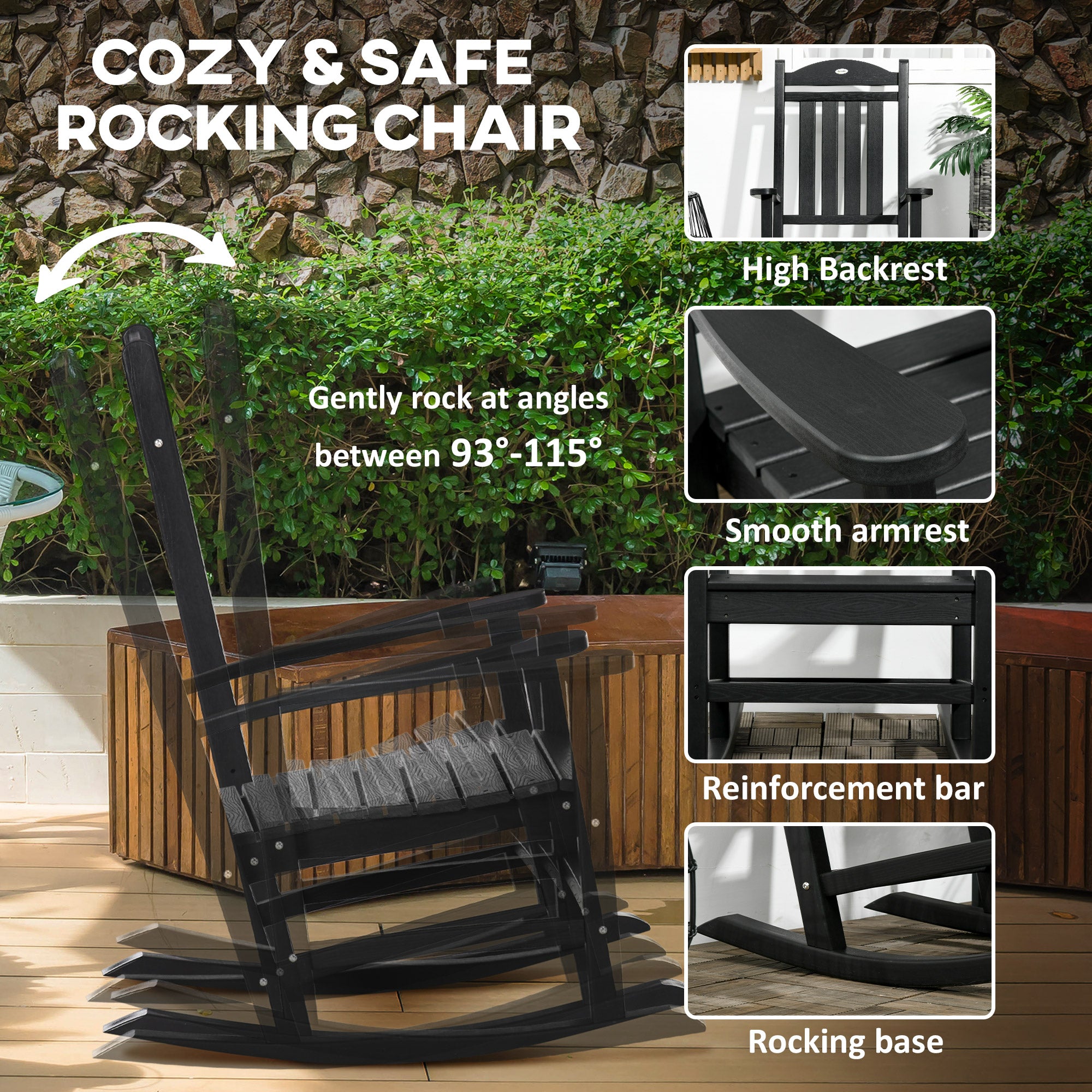 2PCs Outdoor Rocking Chair with Armrests, Fade-Resistant Waterproof HDPE for Indoor & Outdoor, Black