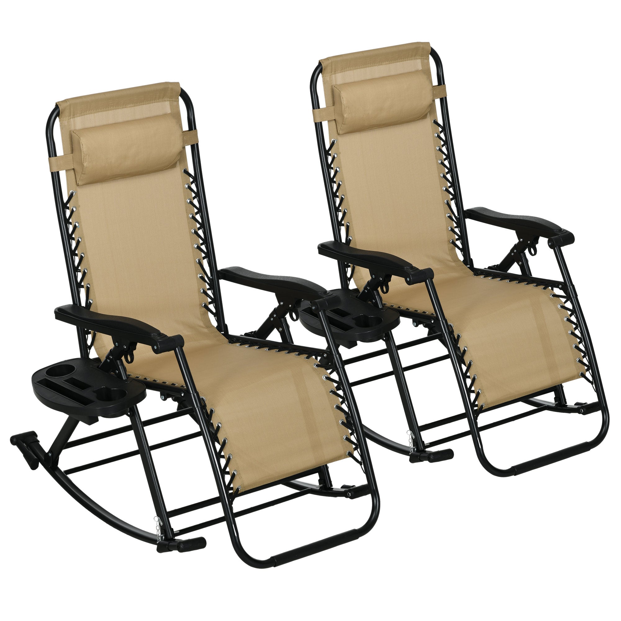 2 Outdoor Rocking Chairs Foldable Reclining Zero Gravity Lounge Rockers w/ Pillow Cup & Phone Holder