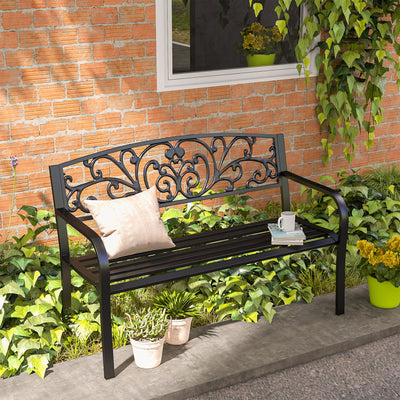 50" Outdoor Bench, Metal Garden Bench with Floral Pattern Backrest, Porch Bench with Slatted Seat for Park, Yard, Lawn, Black