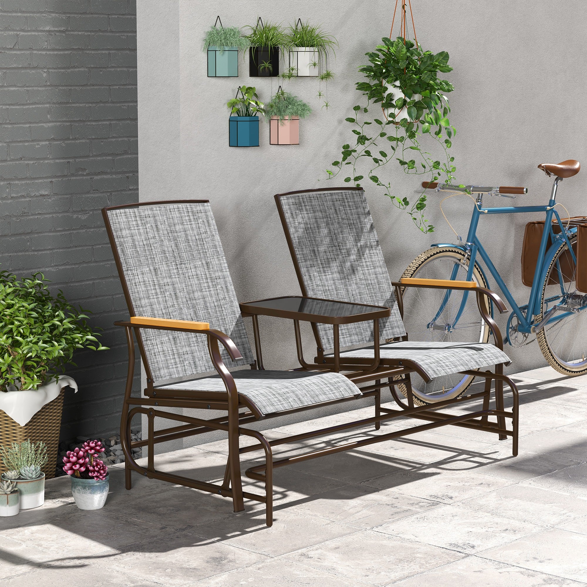 Outdoor 2-Person Glider Bench, Outside Glider Swing Chair Loveseat with Table, Steel Frame