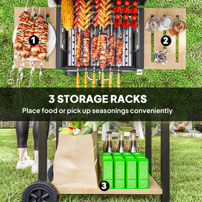 Charcoal BBQ Grill with 245 sq. in. Cooking Area, Adjustable Charcoal Pan, 3 Shelves, Thermometer, Black