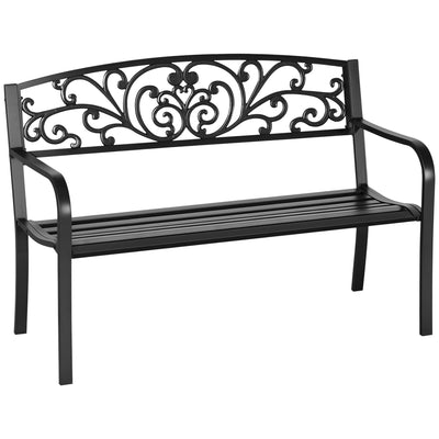 50" Outdoor Bench, Metal Garden Bench with Floral Pattern Backrest, Porch Bench with Slatted Seat for Park, Yard, Lawn, Black