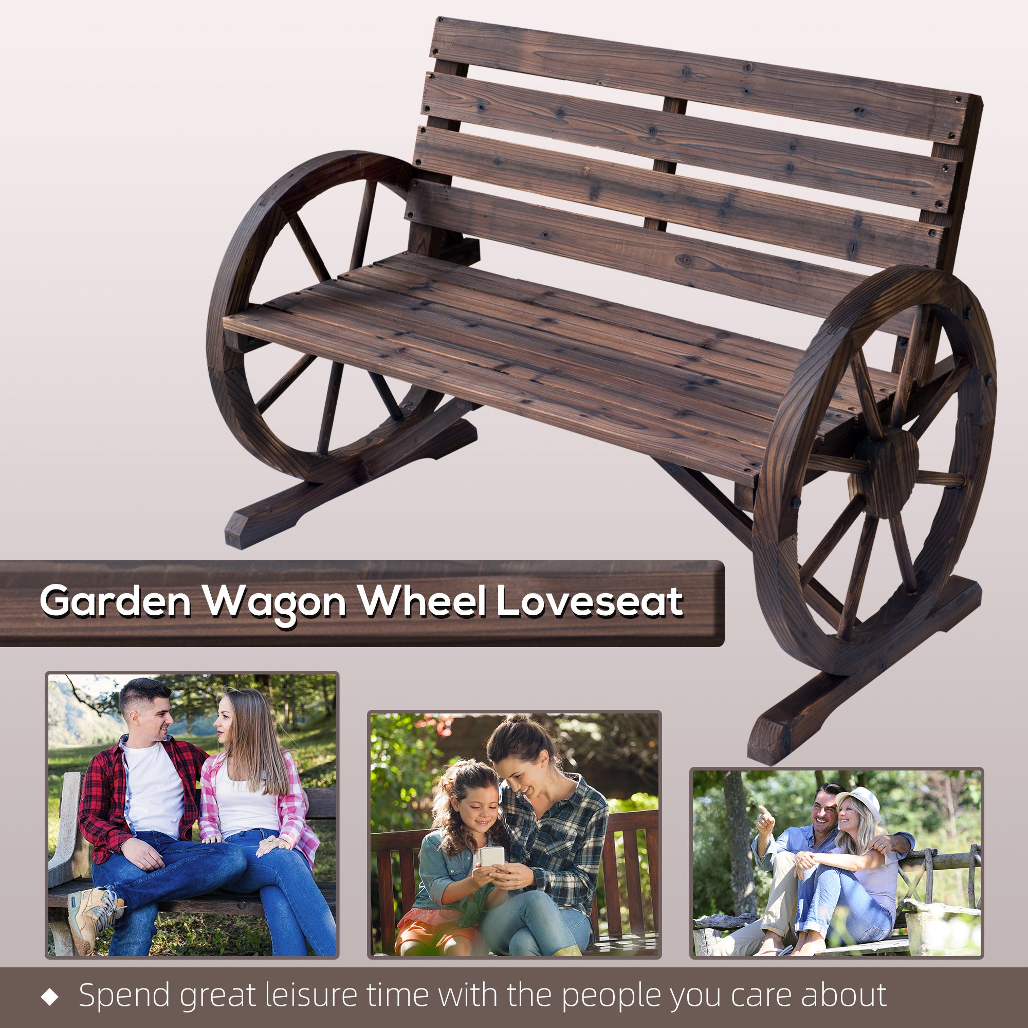 41" Wooden Wagon Wheel Bench, Rustic Outdoor Patio Weather Resistance Furniture, 2-Person Slatted Seat Bench with Backrest, Carbonized
