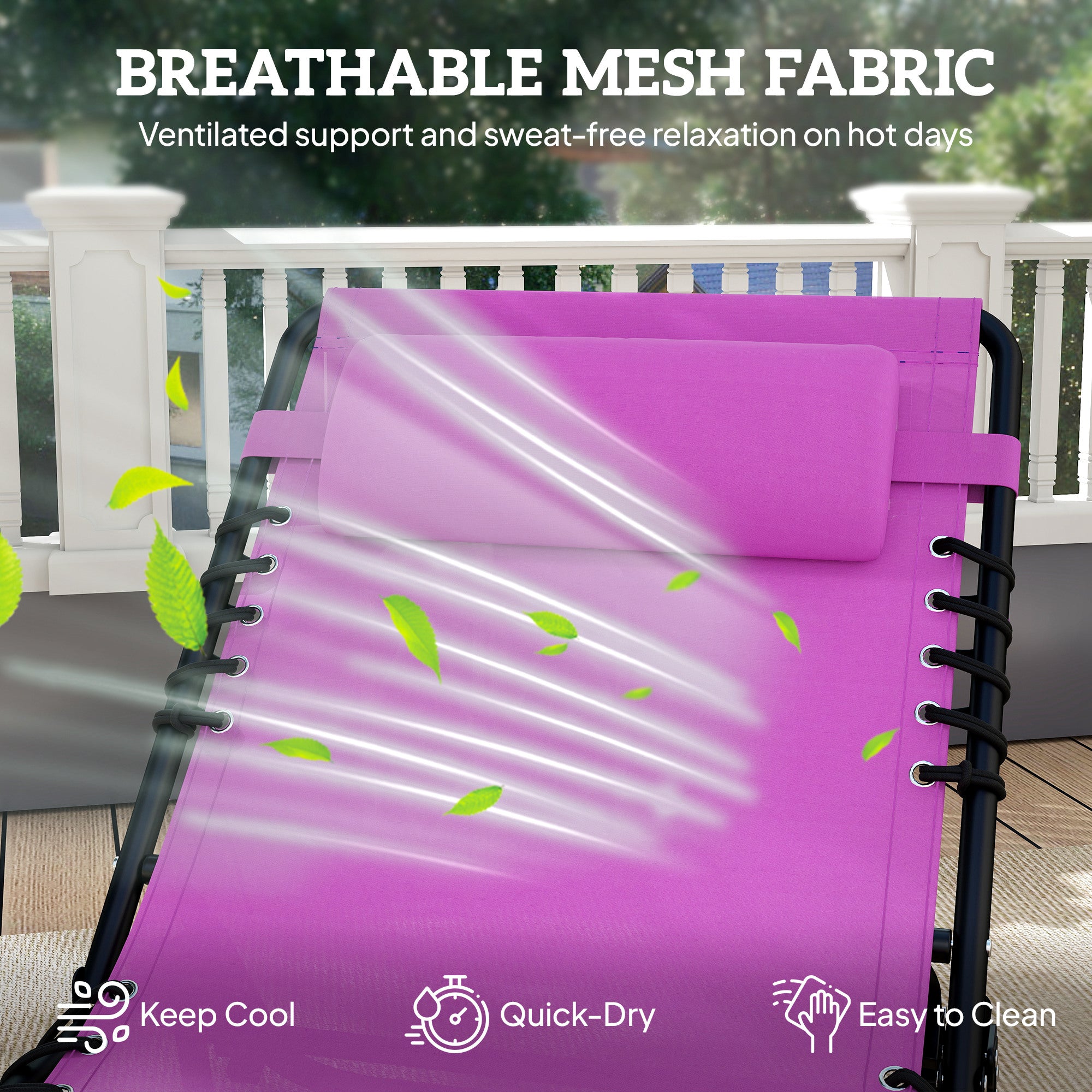 2 Folding Chaise Lounge Pool Chairs with 4-Position Reclining Back, Pillow, Breathable Mesh & Bungee Seat