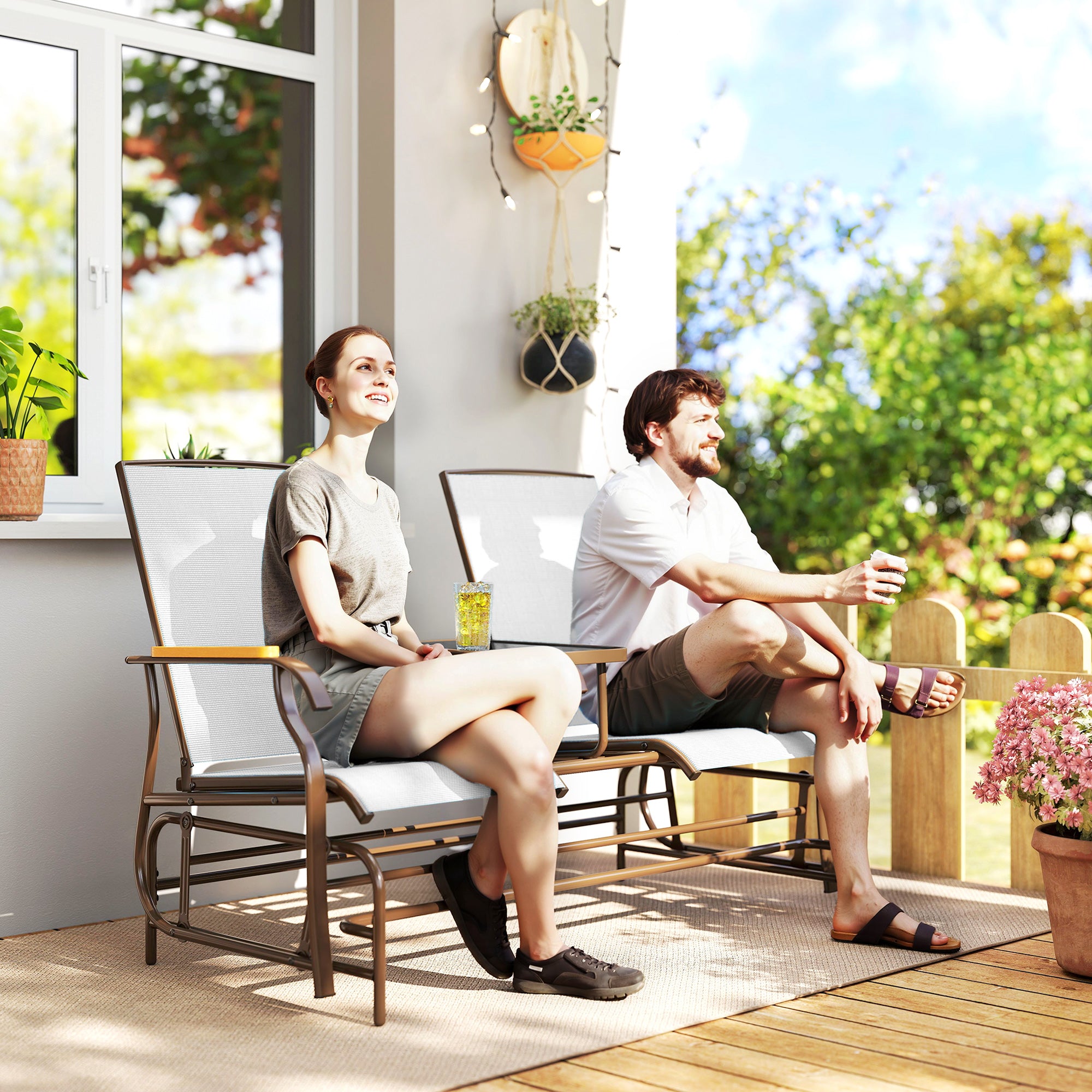 Outdoor 2-Person Glider Bench, Outside Glider Swing Chair Loveseat with Table, Steel Frame