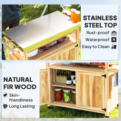 Outdoor Grill Cart w/ Stainless Steel Top, Solid Wood Outdoor Kitchen Island w/ Wheels, Storage Cabinets