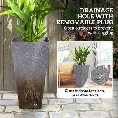 28" Tall Planters, Set of 3 Plastic Flower Pots with Marble Finish and Drainage Holes, Stackable Taper Planters