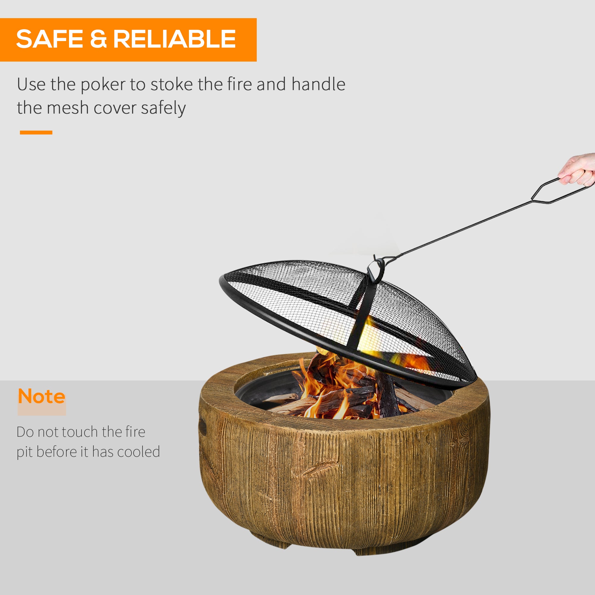 Outdoor Fire Pit, 24 Inch Metal Wood Burning Fireplace with Spark Cover, Poker, Woodgrain Design, Light Brown