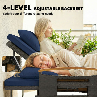 Rattan Outdoor Daybed w/4-Level Adjustable Backrest, Patio Sofa Bed w/Storage Ottoman, Acacia Wood Armrest